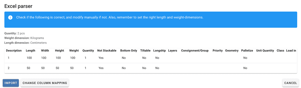 Excel parser preview with successful mappings
