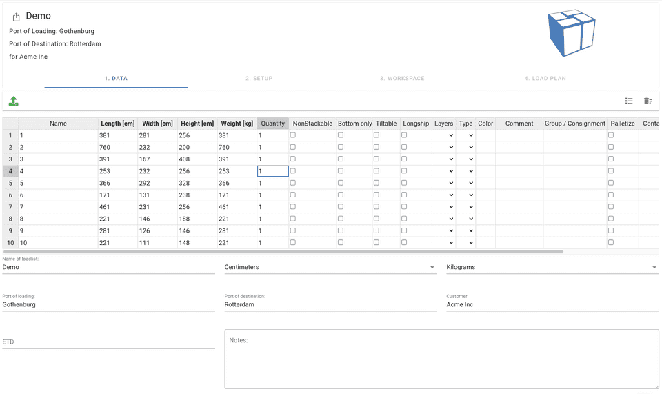 1. Data view with cargoes