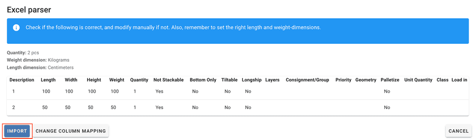 Excel parser preview import button highlighted